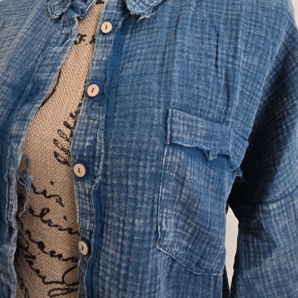 None Tops - Blue Gauze Button-Up Shirt